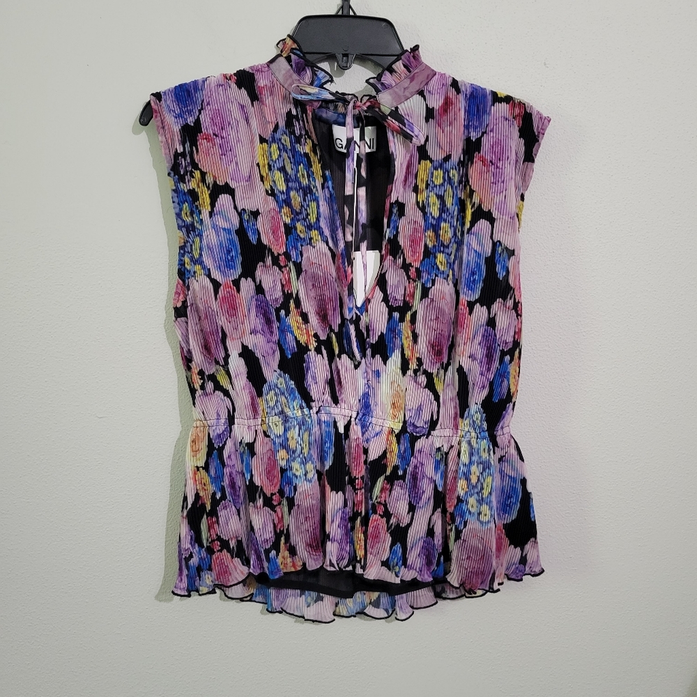 Ganni Pleated Floral Georgette Blouse